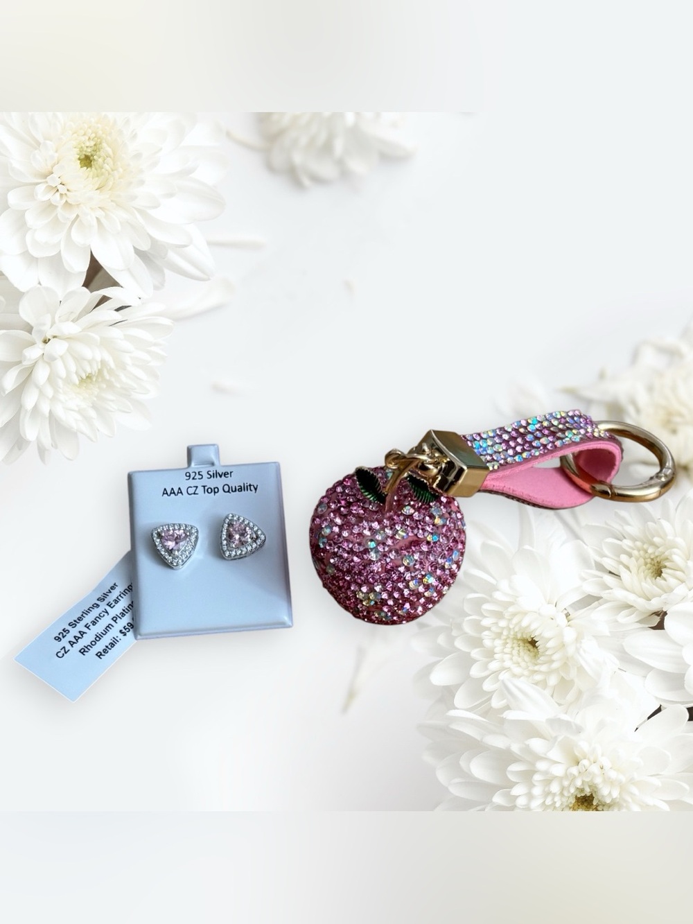 Pink Crystal Apple Keychain with Pink Cubic Zirconia Heart Earrings